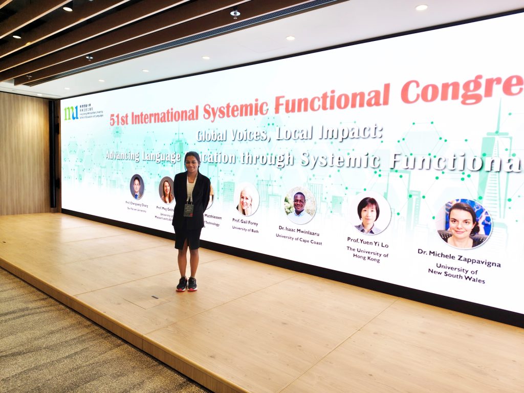 Sthuthi M V presents Research paper at the 51st International Systemic Functional Congress, Hong Kong