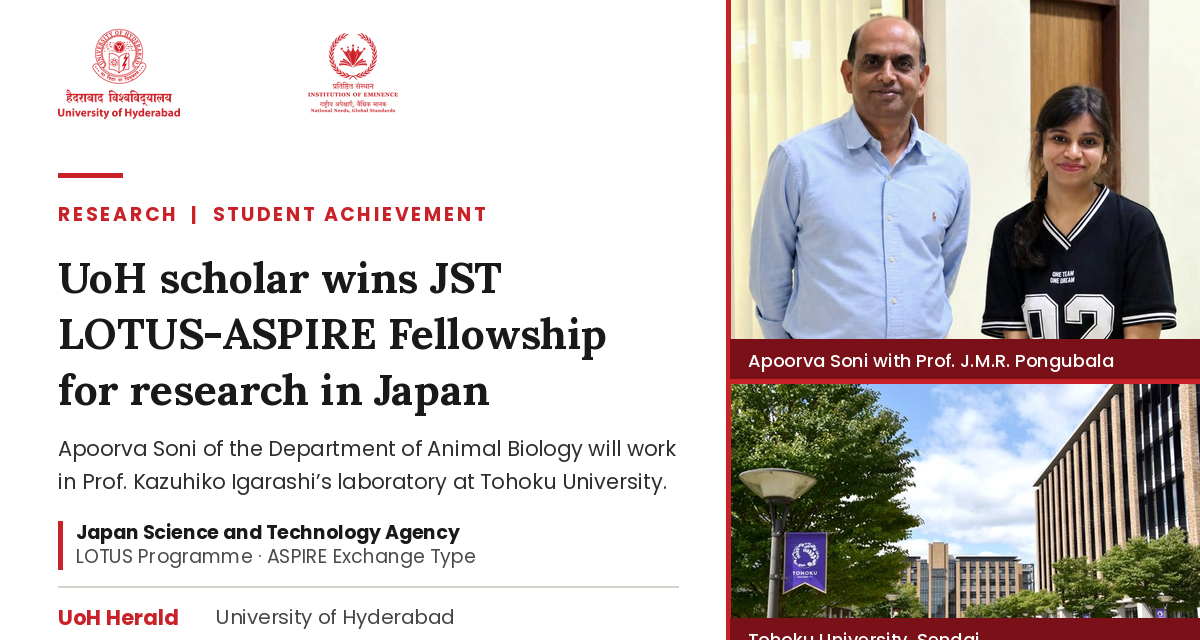 Research Scholar Apoorva Soni selected for JST LOTUS-ASPIRE Fellowship